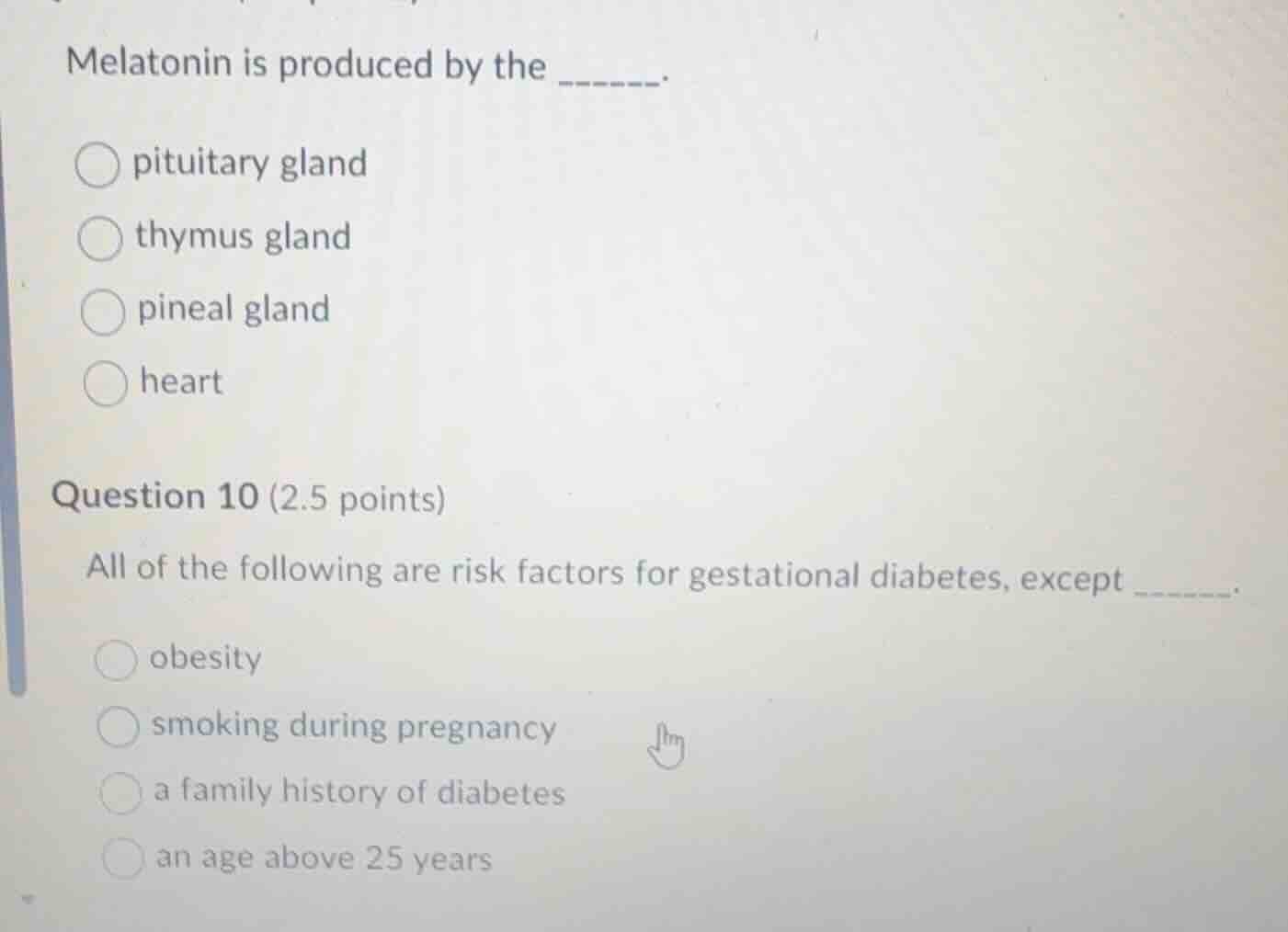 melatonin is produced by the ______. ○ pituitary gland ○ thymus gland ○…
