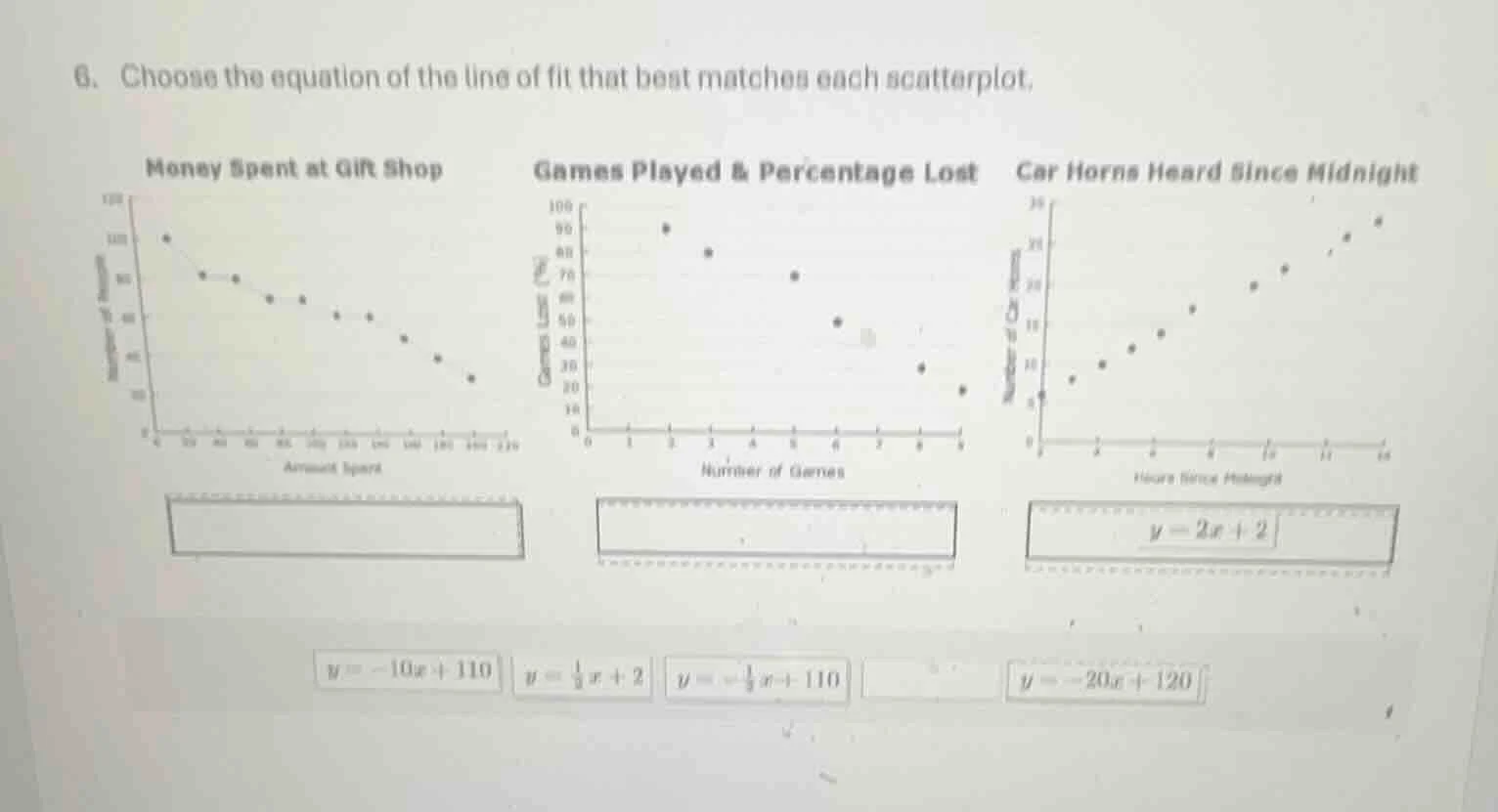 6. choose the equation of the line of fit that best matches each scatte…