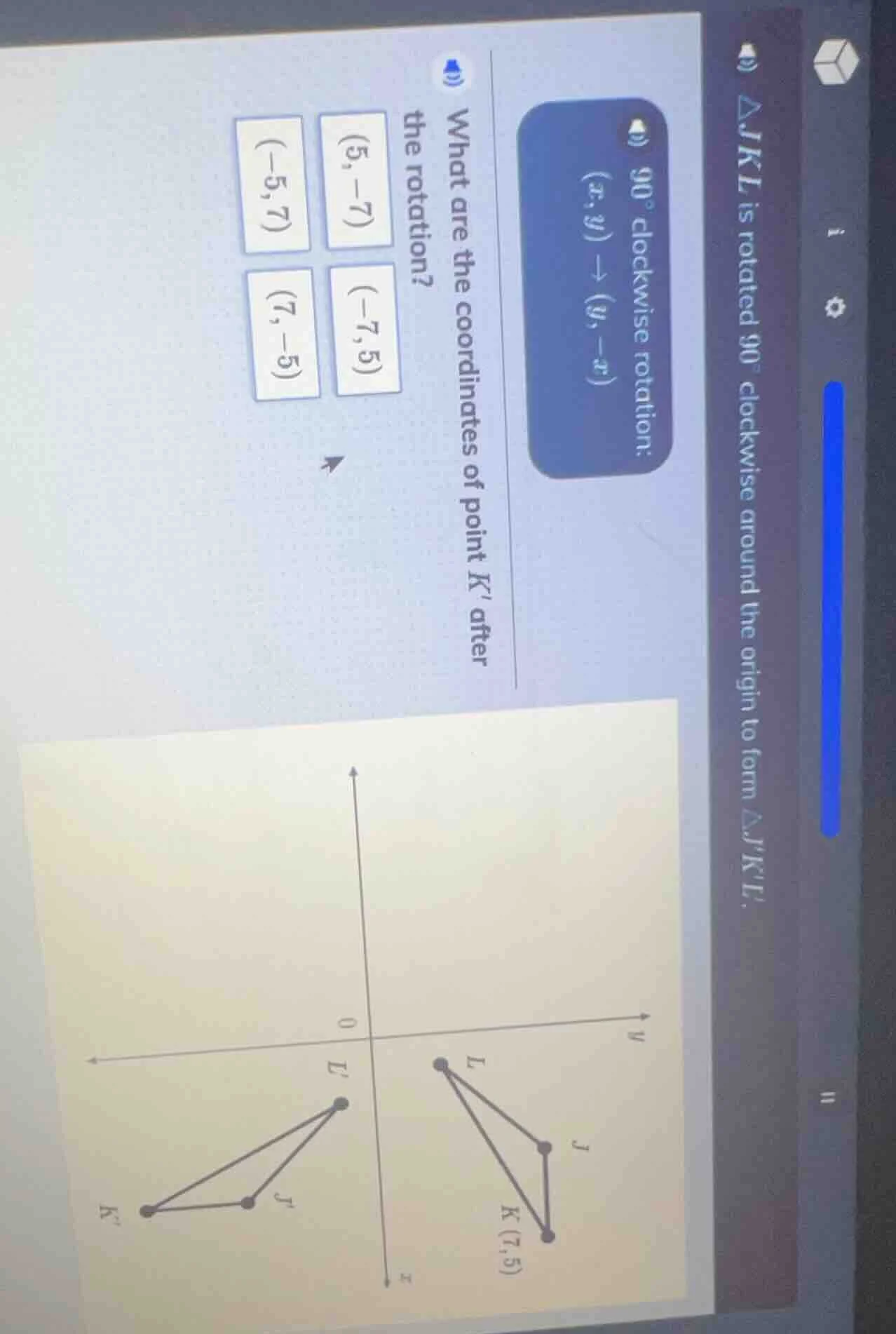 △jkl is rotated 90° clockwise around the origin to form △jkl. 90° clock…