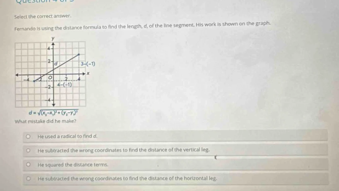 select the correct answer. fernando is using the distance formula to fi…