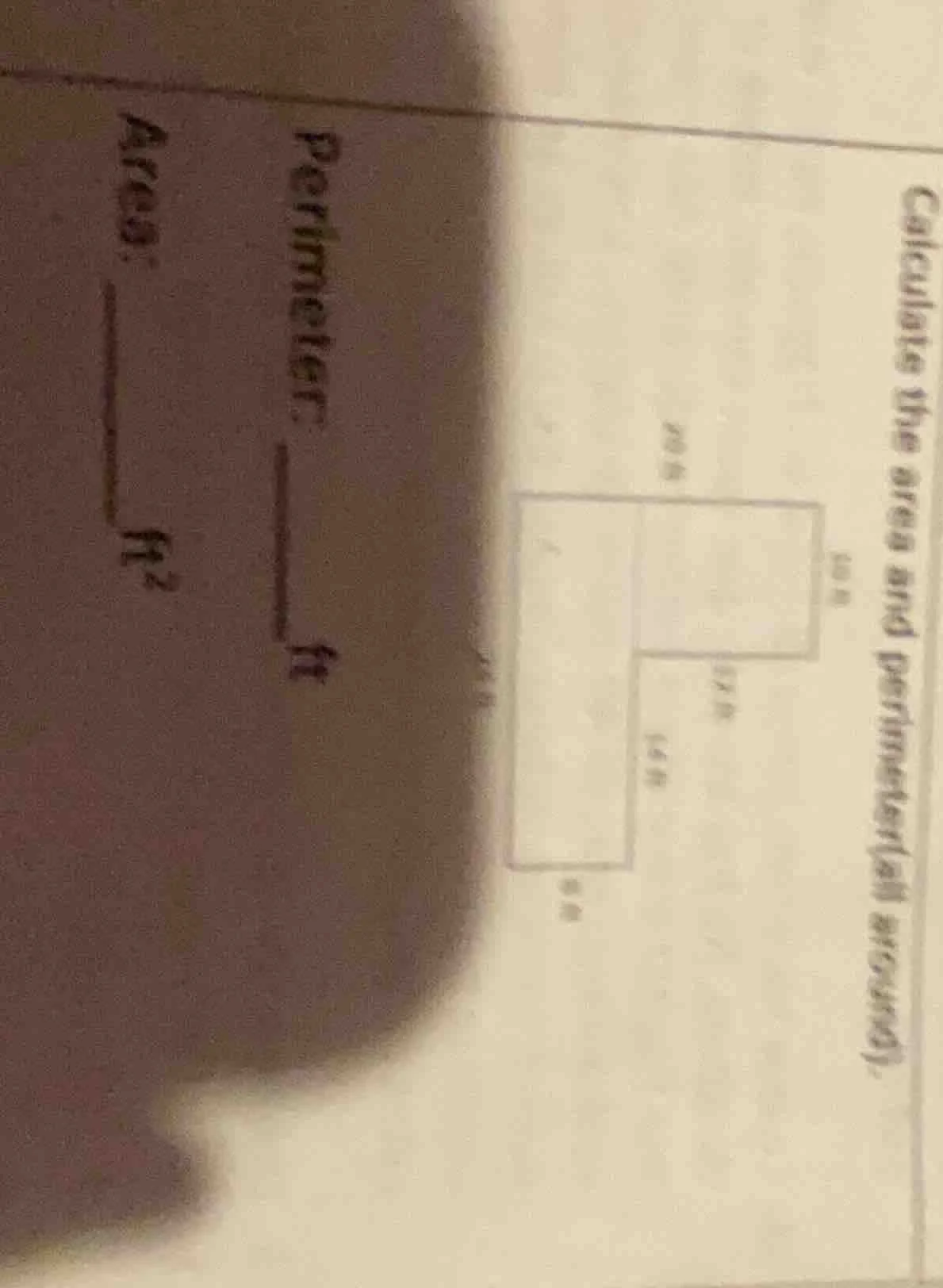 calculate the area and perimeter(all around). perimeter: ____ ft area: …