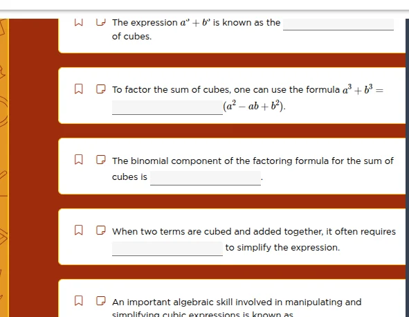 the expression (a^3 + b^3) is known as the ____________ of cubes. to fa…