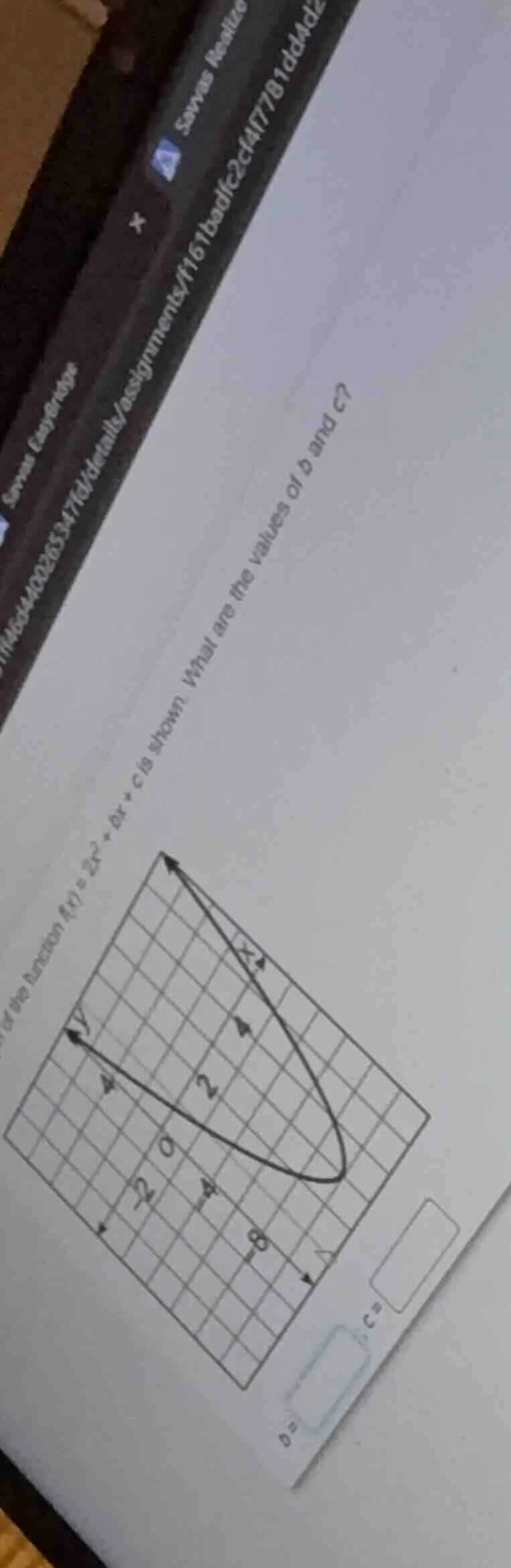 of the function ( f(x) = 2x^2 + bx + c ) is shown. what are the values …