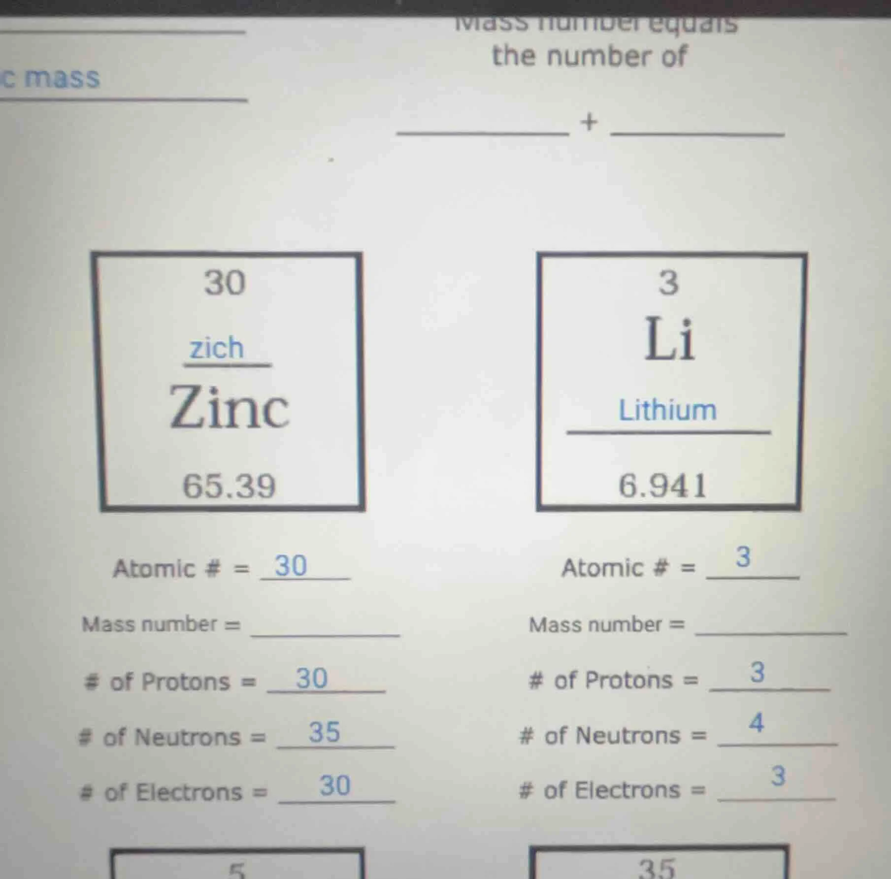 mass number equals the number of __________ + __________ 30 zich zinc 6…
