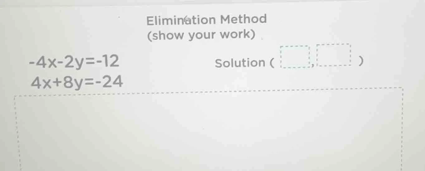 elimination method (show your work) -4x - 2y = -12 4x + 8y = -24 soluti…