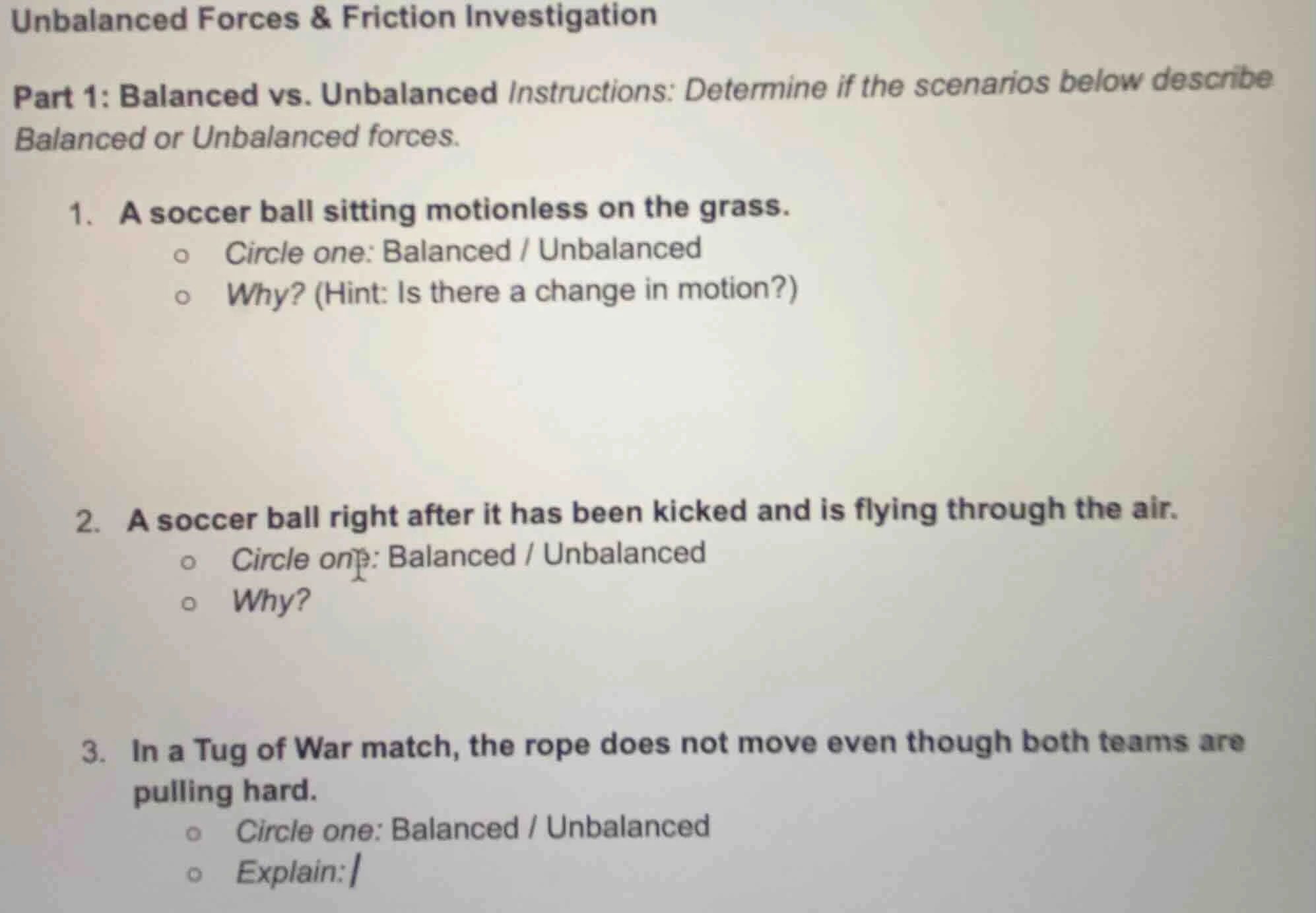 unbalanced forces & friction investigation part 1: balanced vs. unbalan…