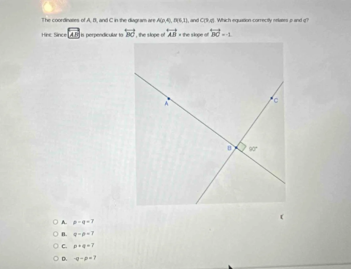 the coordinates of a, b, and c in the diagram are a(p,4), b(6,1), and c…