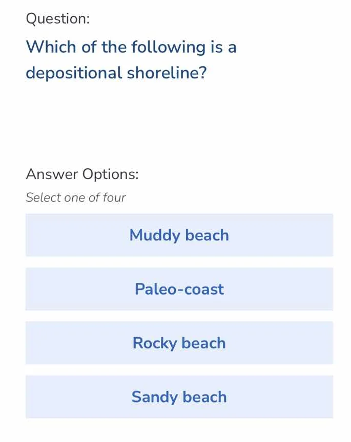 question: which of the following is a depositional shoreline? answer op…