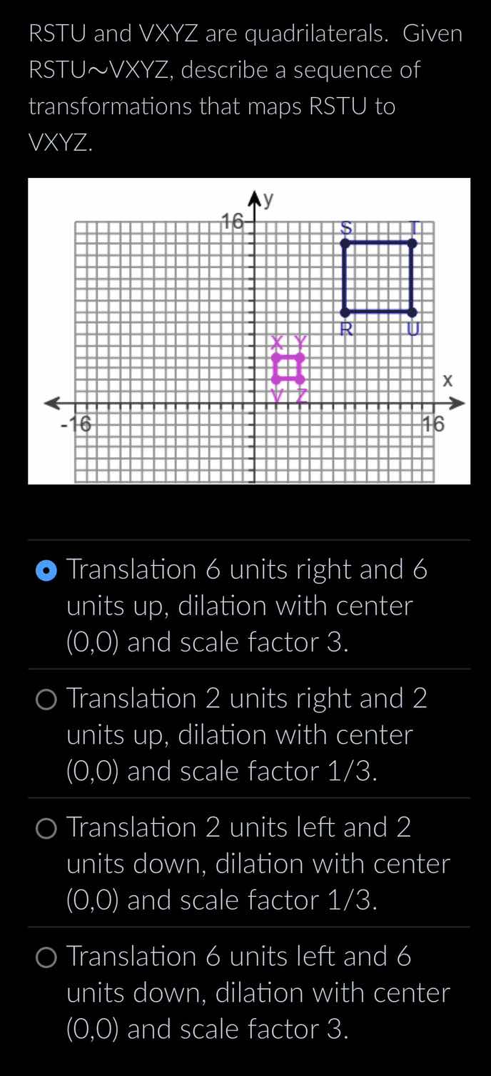 rstu and vxyz are quadrilaterals. given rstu∼vxyz, describe a sequence …