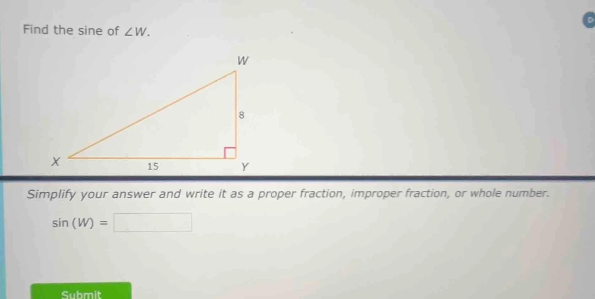 find the sine of ∠w. simplify your answer and write it as a proper frac…