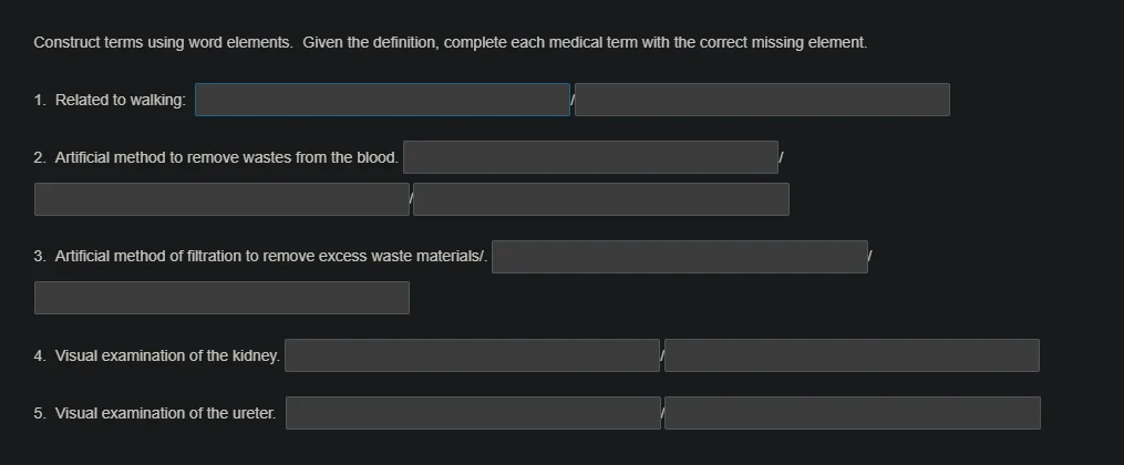 construct terms using word elements. given the definition, complete eac…