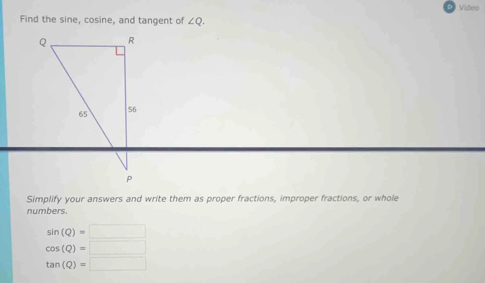 find the sine, cosine, and tangent of ∠q. simplify your answers and wri…