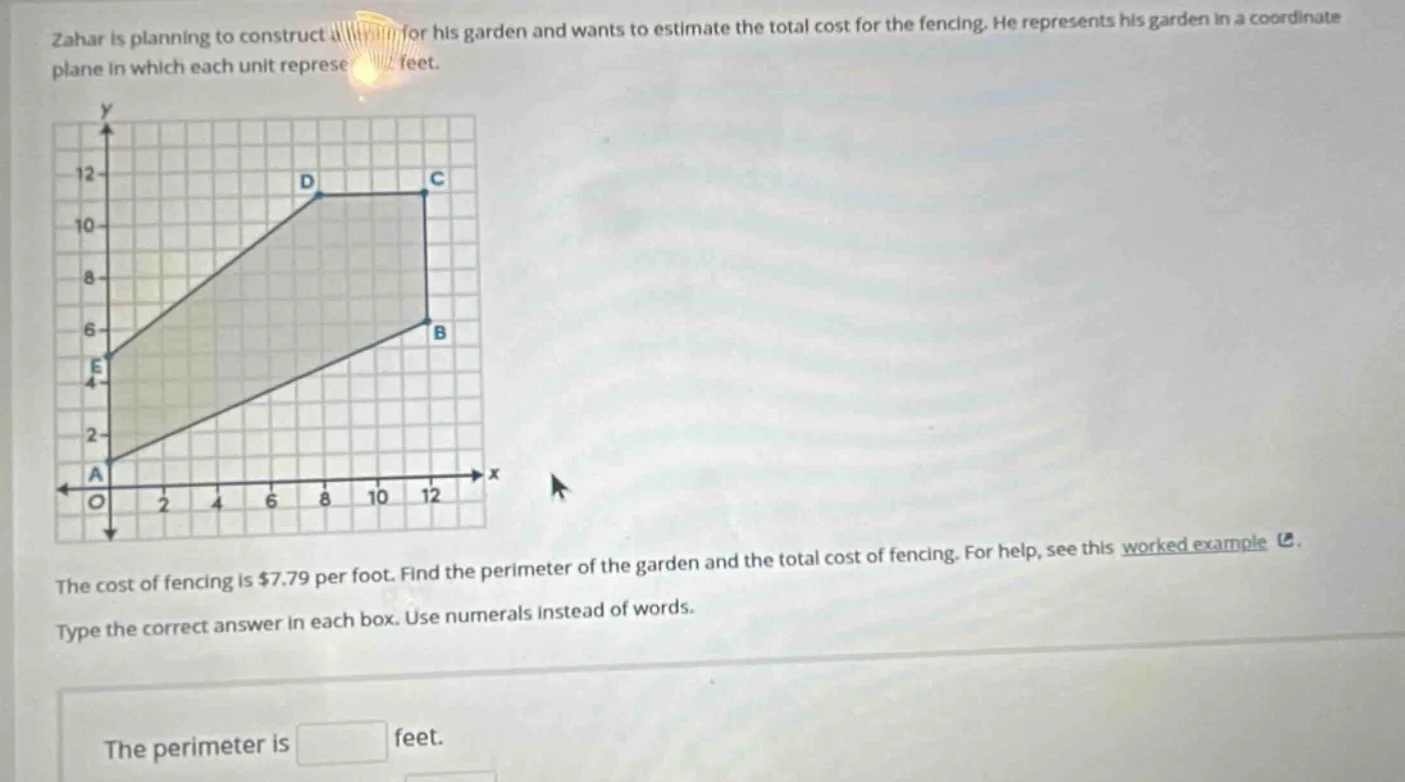 zahar is planning to construct a fence for his garden and wants to esti…
