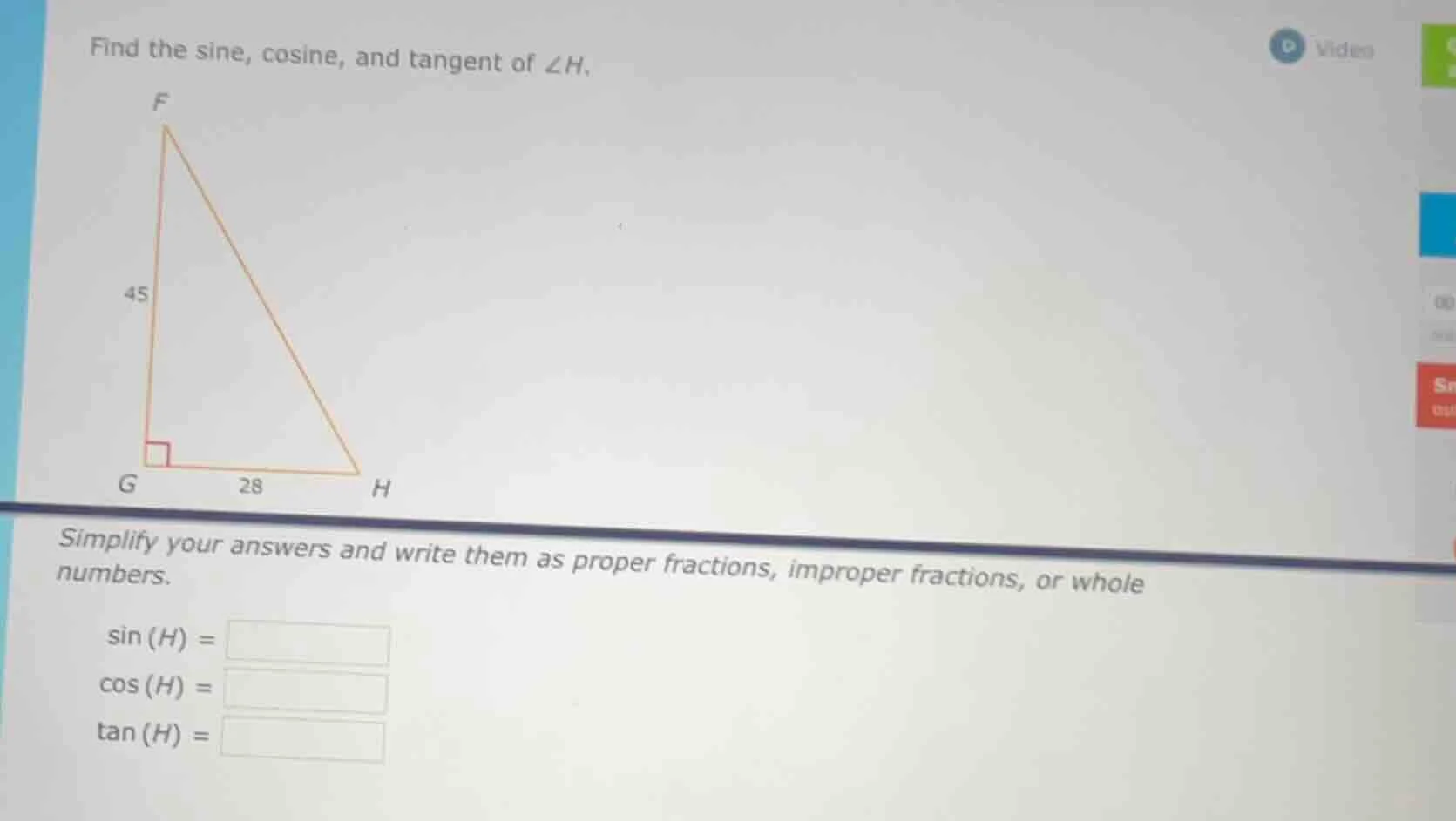 find the sine, cosine, and tangent of ∠h. simplify your answers and wri…