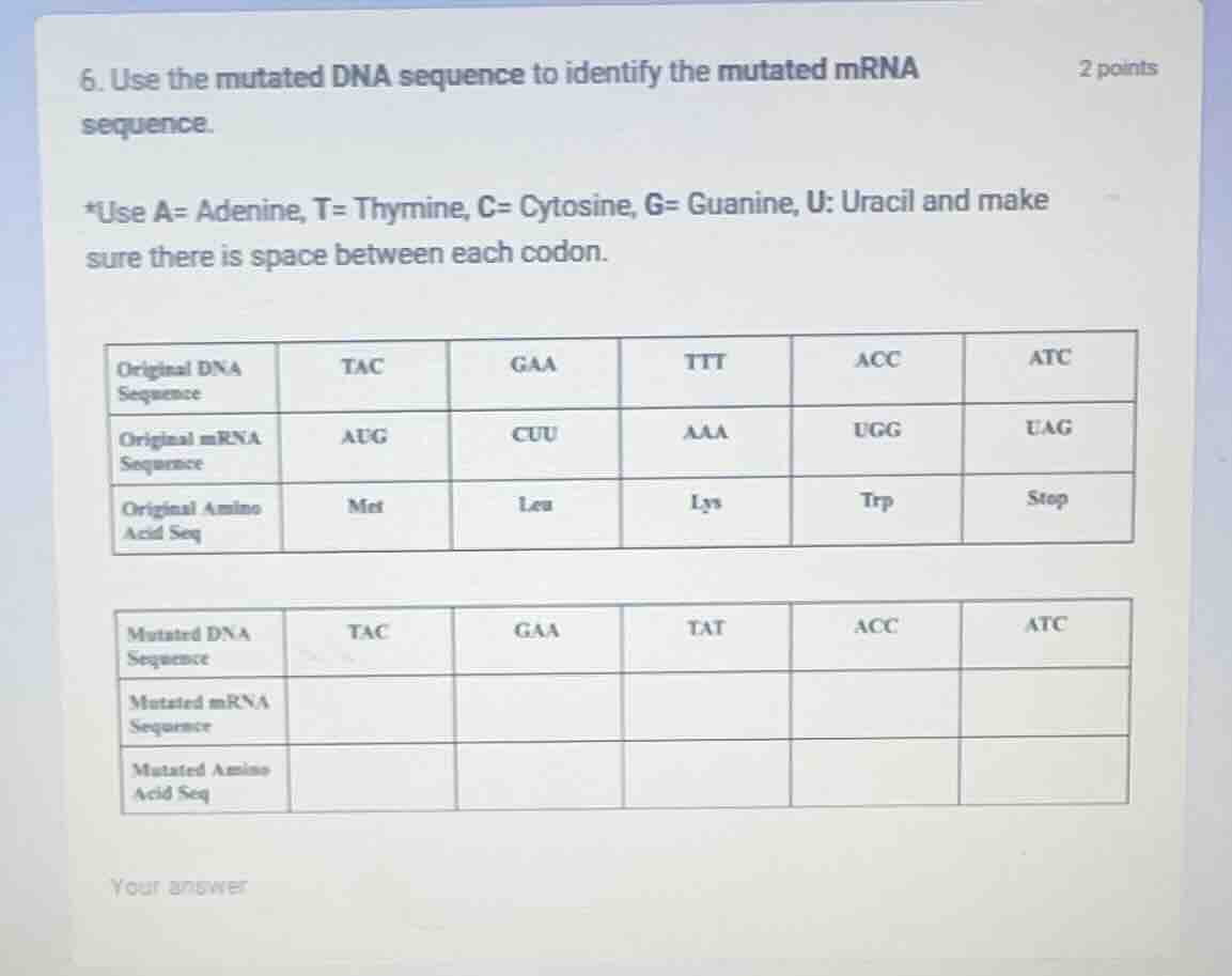 6. use the mutated dna sequence to identify the mutated mrna sequence. …