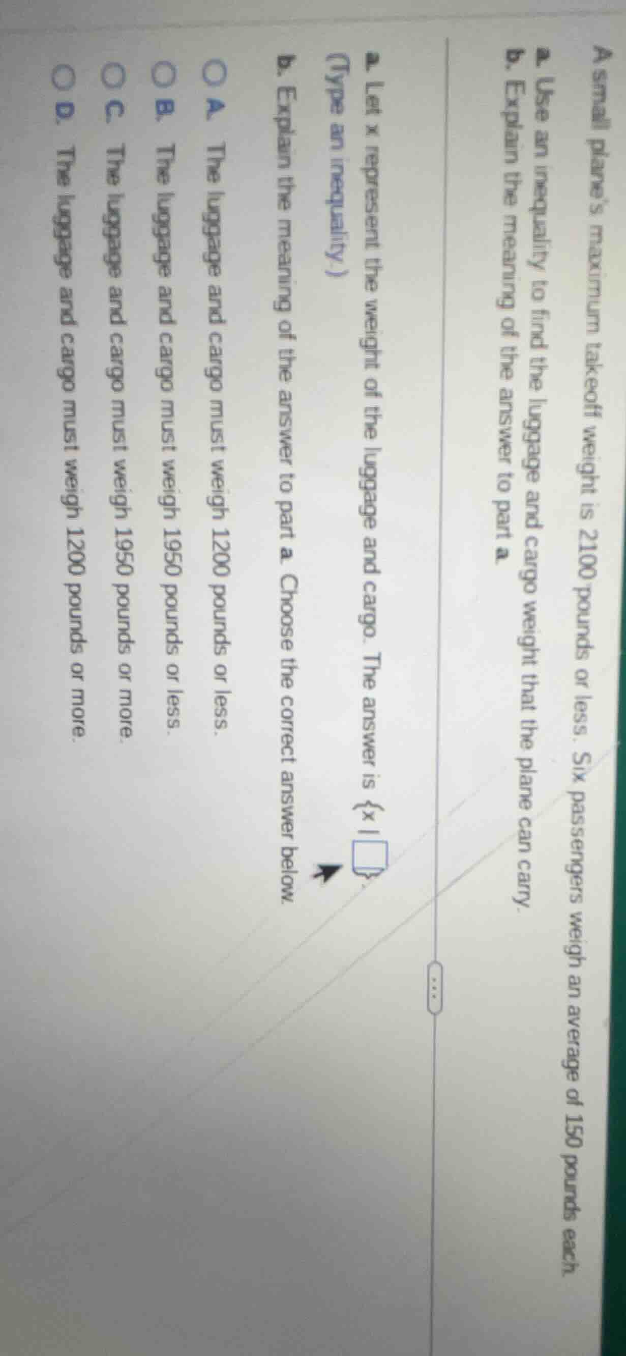 a small plane’s maximum takeoff weight is 2100 pounds or less. six pass…