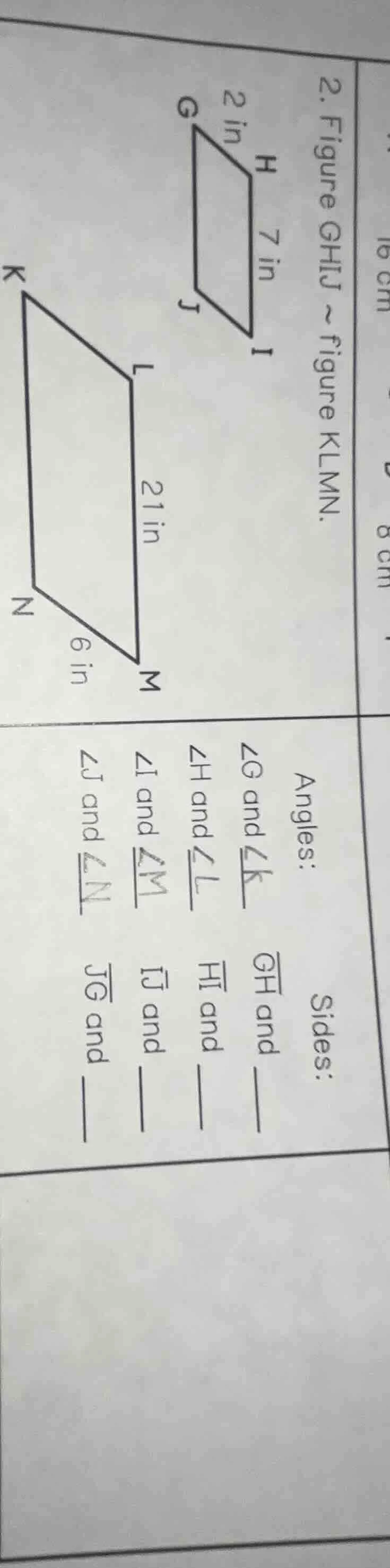 2. figure ghij ~ figure klmn. angles: ∠g and ∠k ∠h and ∠l ∠i and ∠m ∠j …