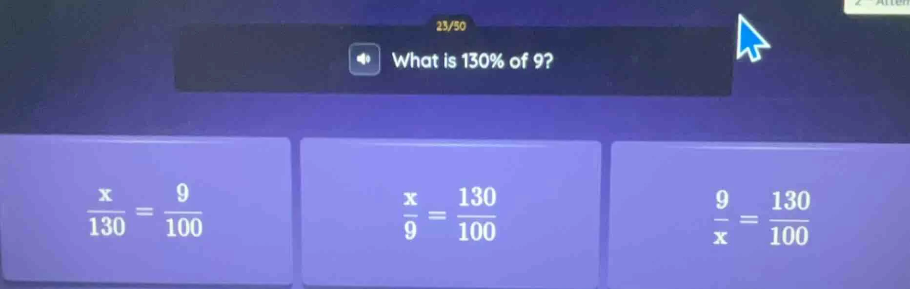 what is 130% of 9?\ \\(\\frac{x}{130} = \\frac{9}{100}\\)\ \\(\\frac{x}…