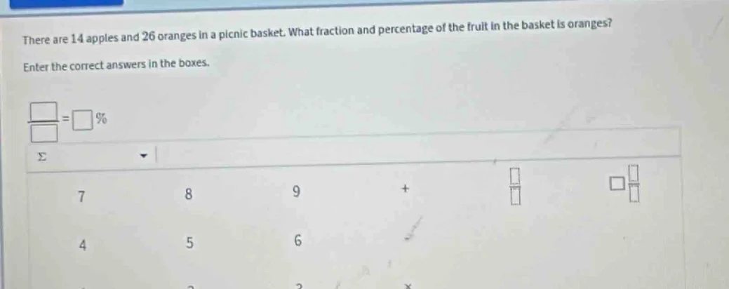 there are 14 apples and 26 oranges in a picnic basket. what fraction an…
