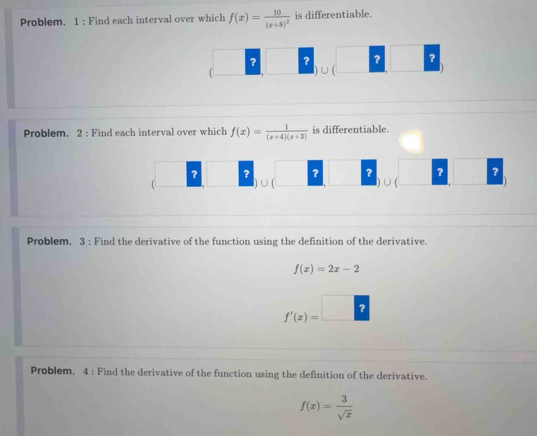problem. 1 : find each interval over which $f(x) = \\frac{10}{(x + 8)^2…