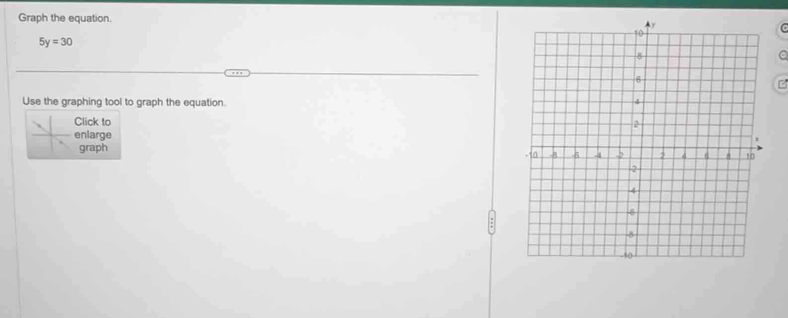 graph the equation. 5y = 30 use the graphing tool to graph the equation…