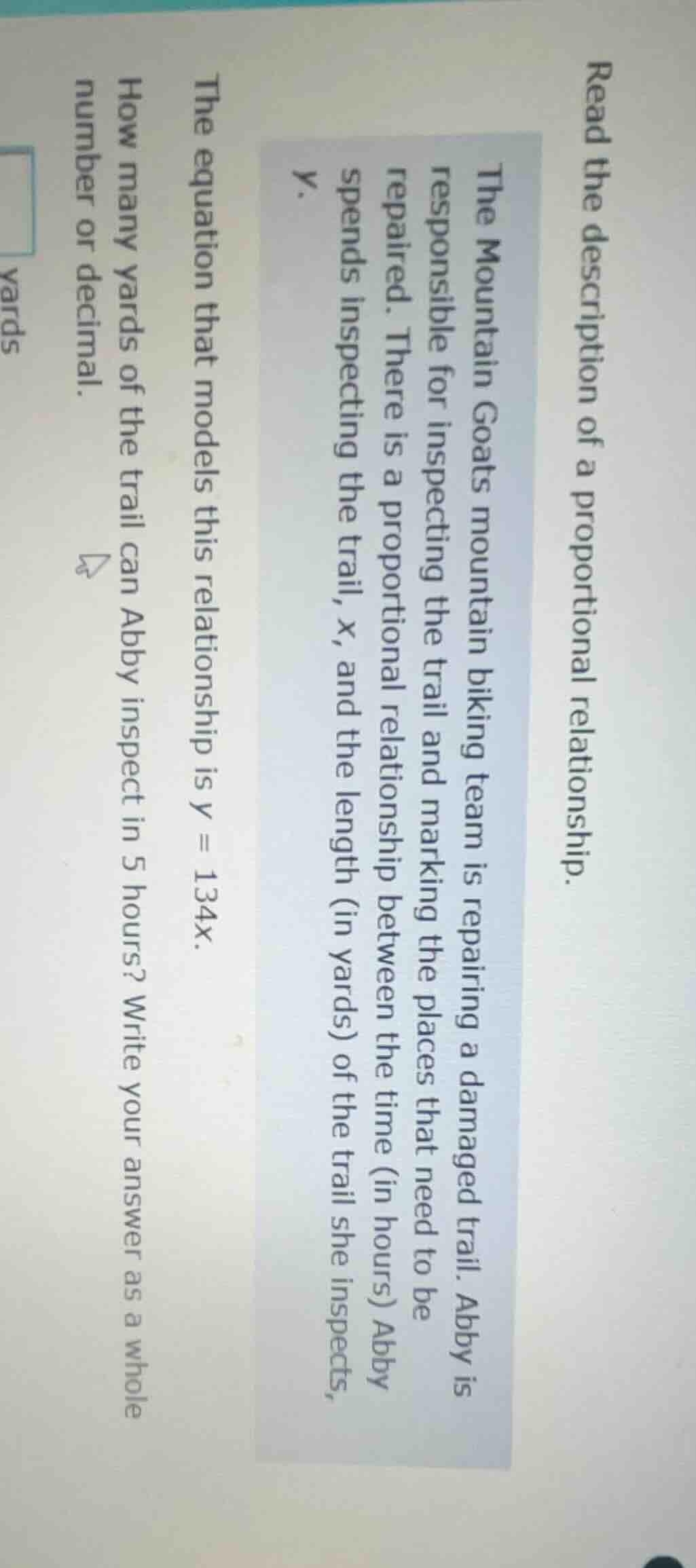 read the description of a proportional relationship. the mountain goats…