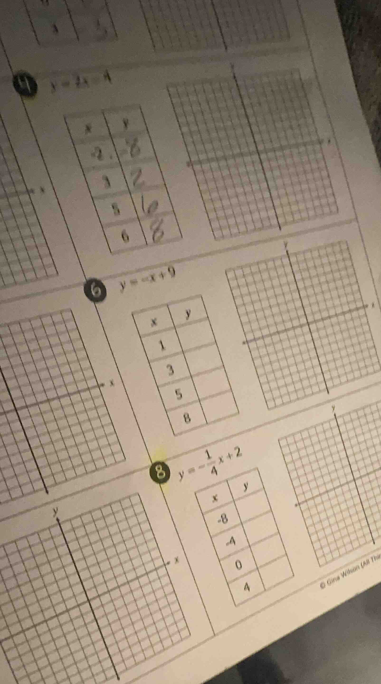 11 $y = 2x - 4$ (table with x and y values, graph) 6 $y = -x + 9$ (tabl…
