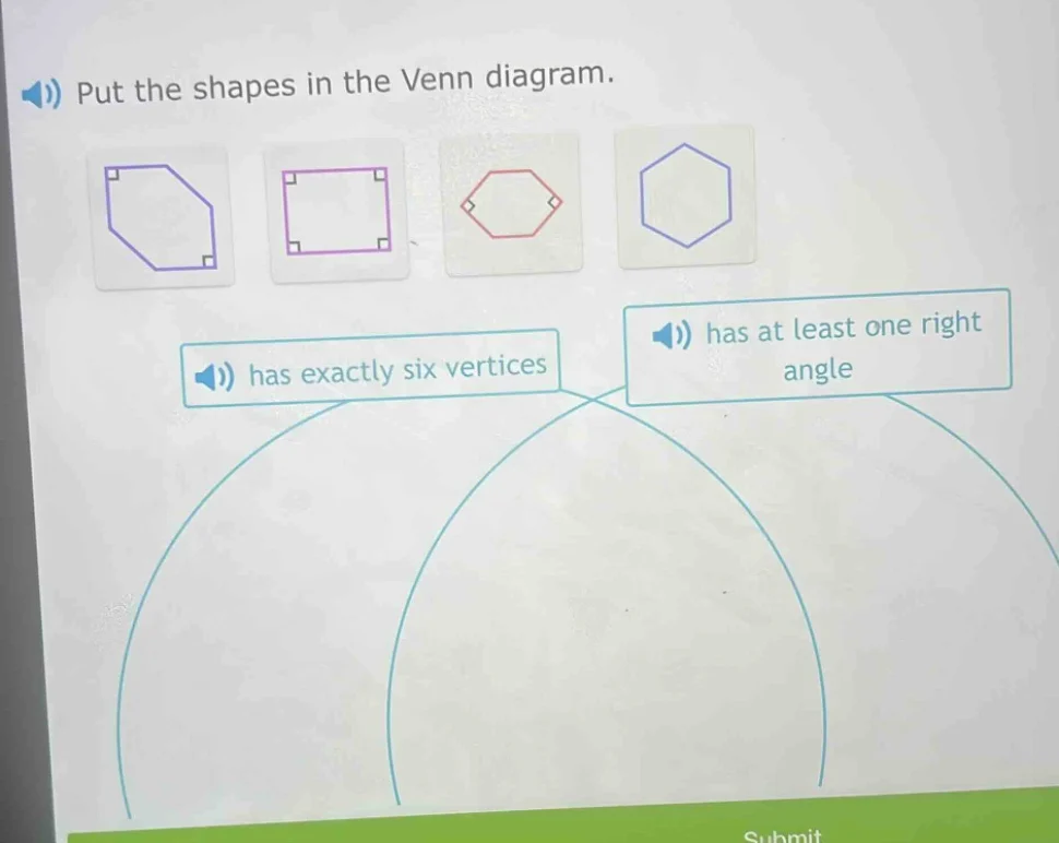 put the shapes in the venn diagram. has exactly six vertices has at lea…