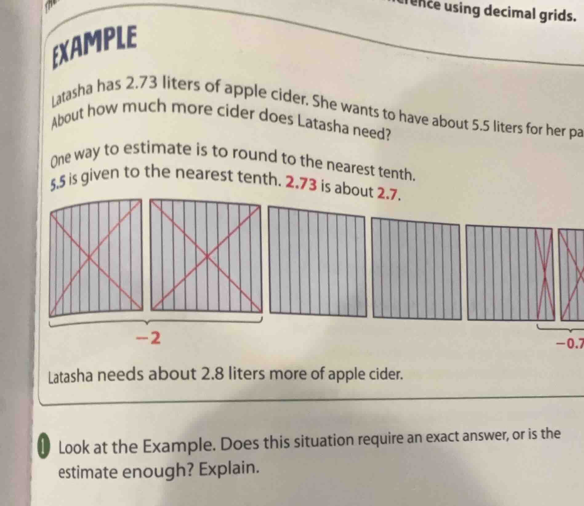 example latasha has 2.73 liters of apple cider. she wants to have about…
