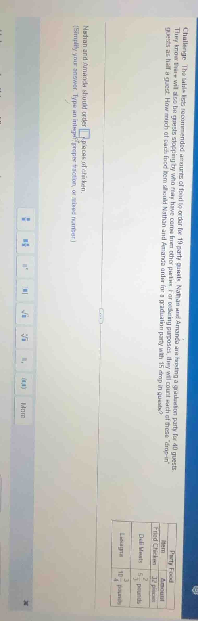 challenge the table lists recommended amounts of food to order for 19 p…