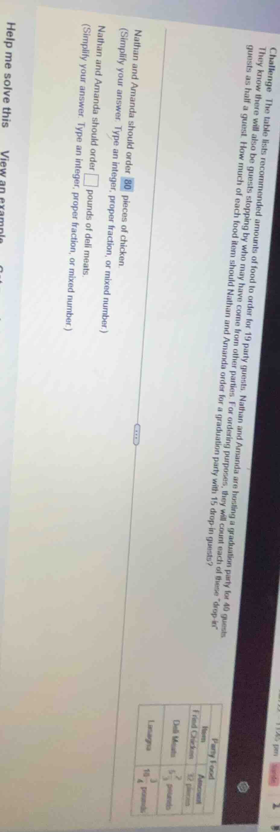 challenge the table lists recommended amounts of food to order for 19 p…