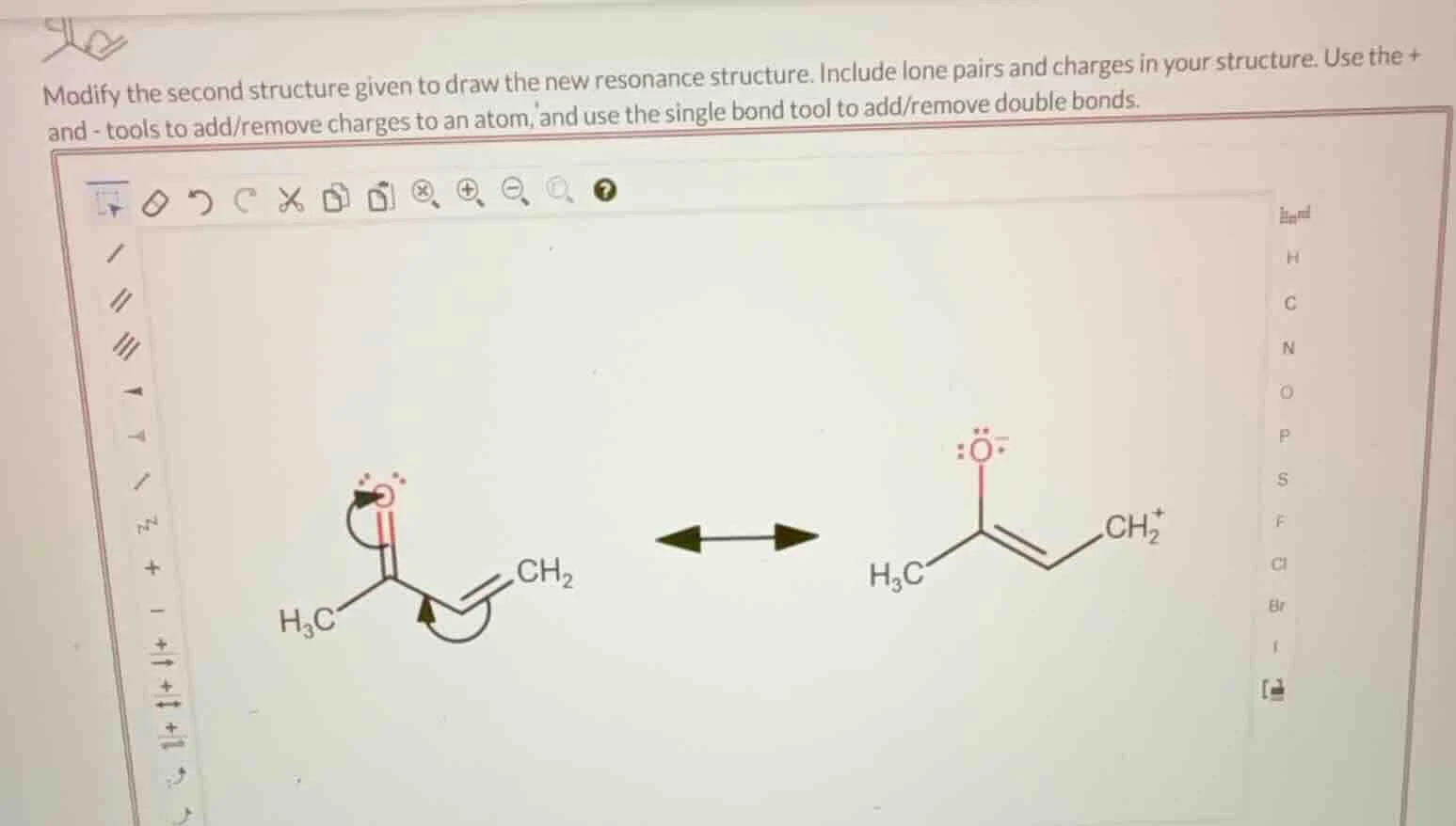 modify the second structure given to draw the new resonance structure. …