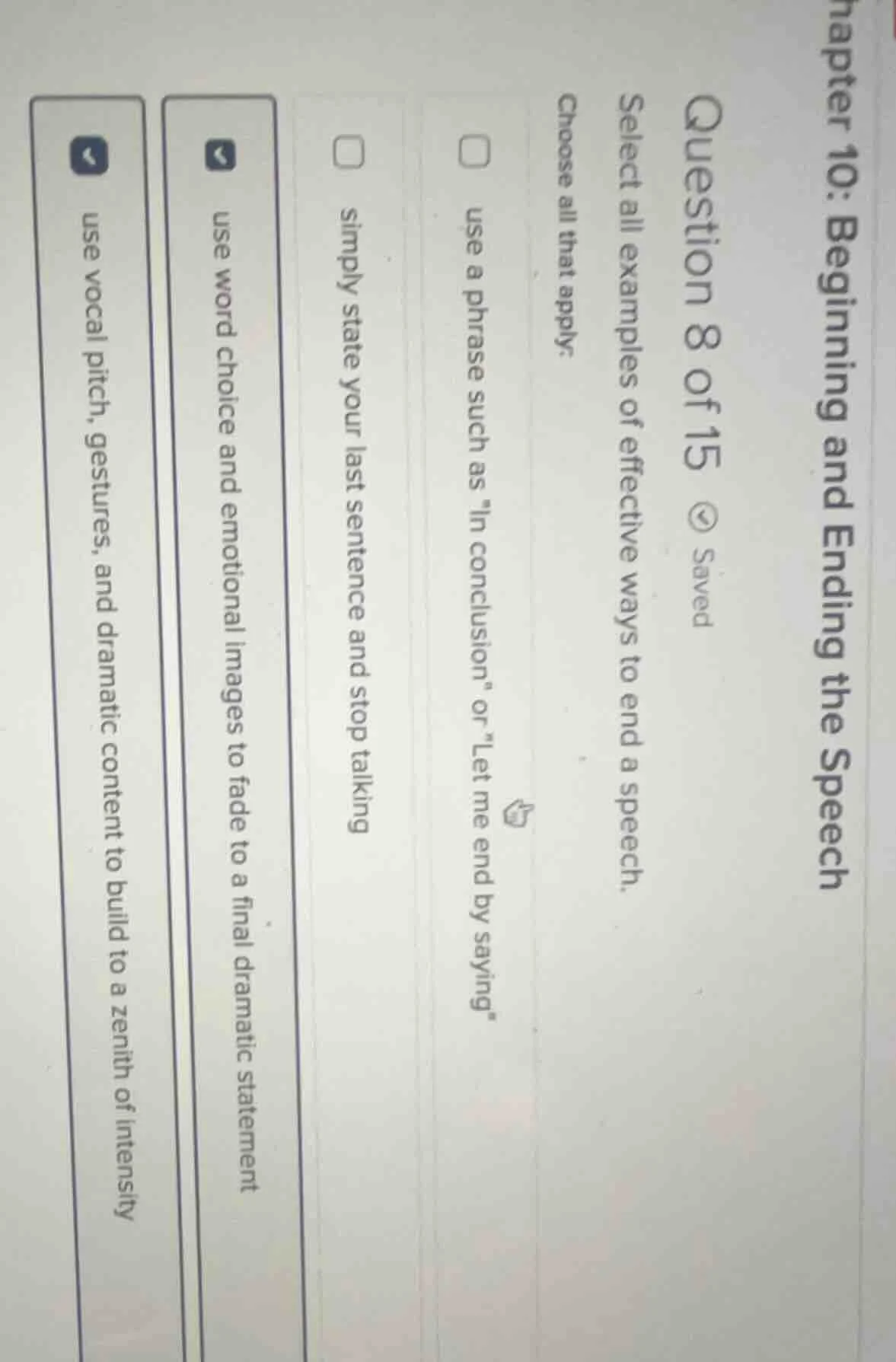 chapter 10: beginning and ending the speech question 8 of 15 saved sele…