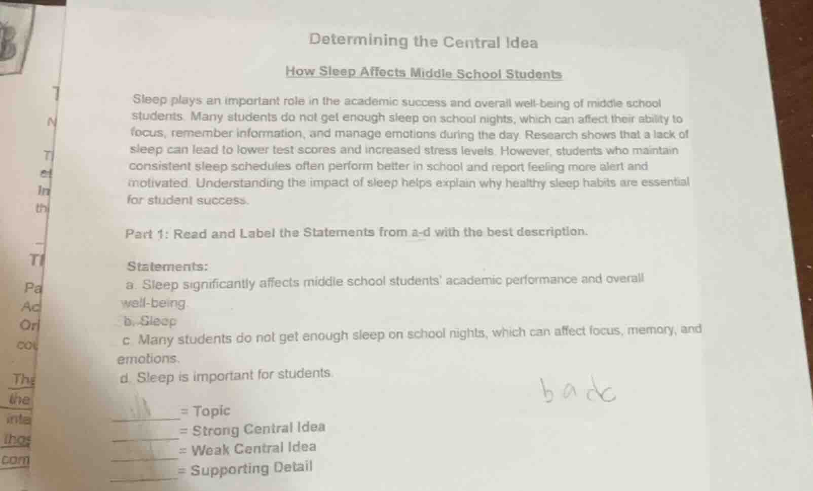 determining the central idea how sleep affects middle school students s…