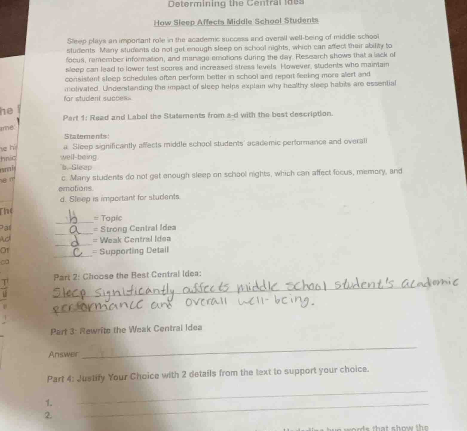 determining the central idea how sleep affects middle school students s…