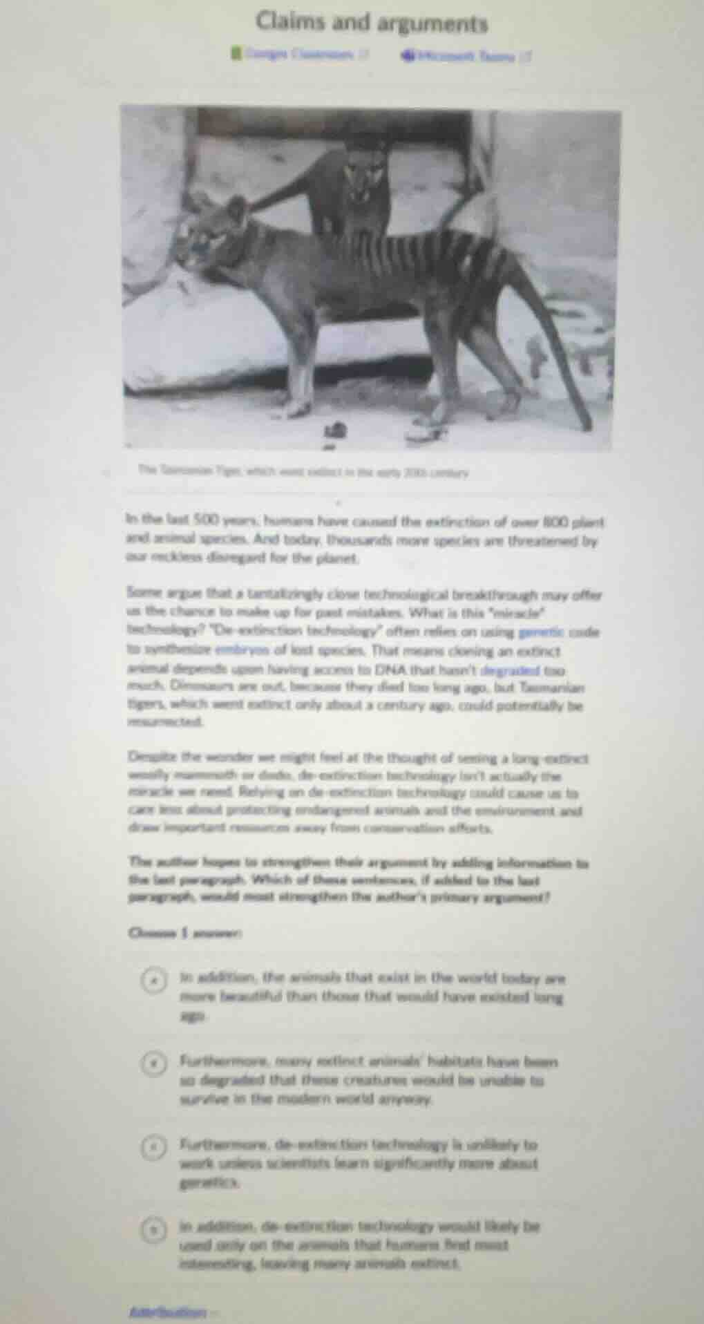 claims and arguments the tasmanian tiger, which went extinct in the ear…