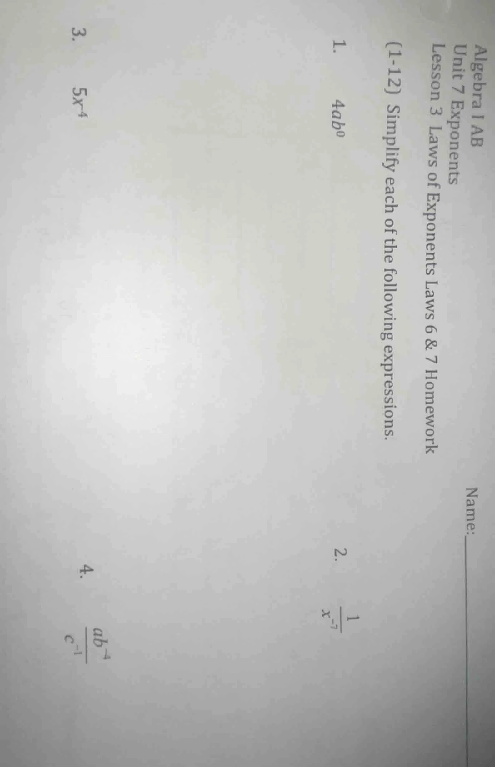 algebra i ab unit 7 exponents lesson 3 laws of exponents laws 6 & 7 hom…