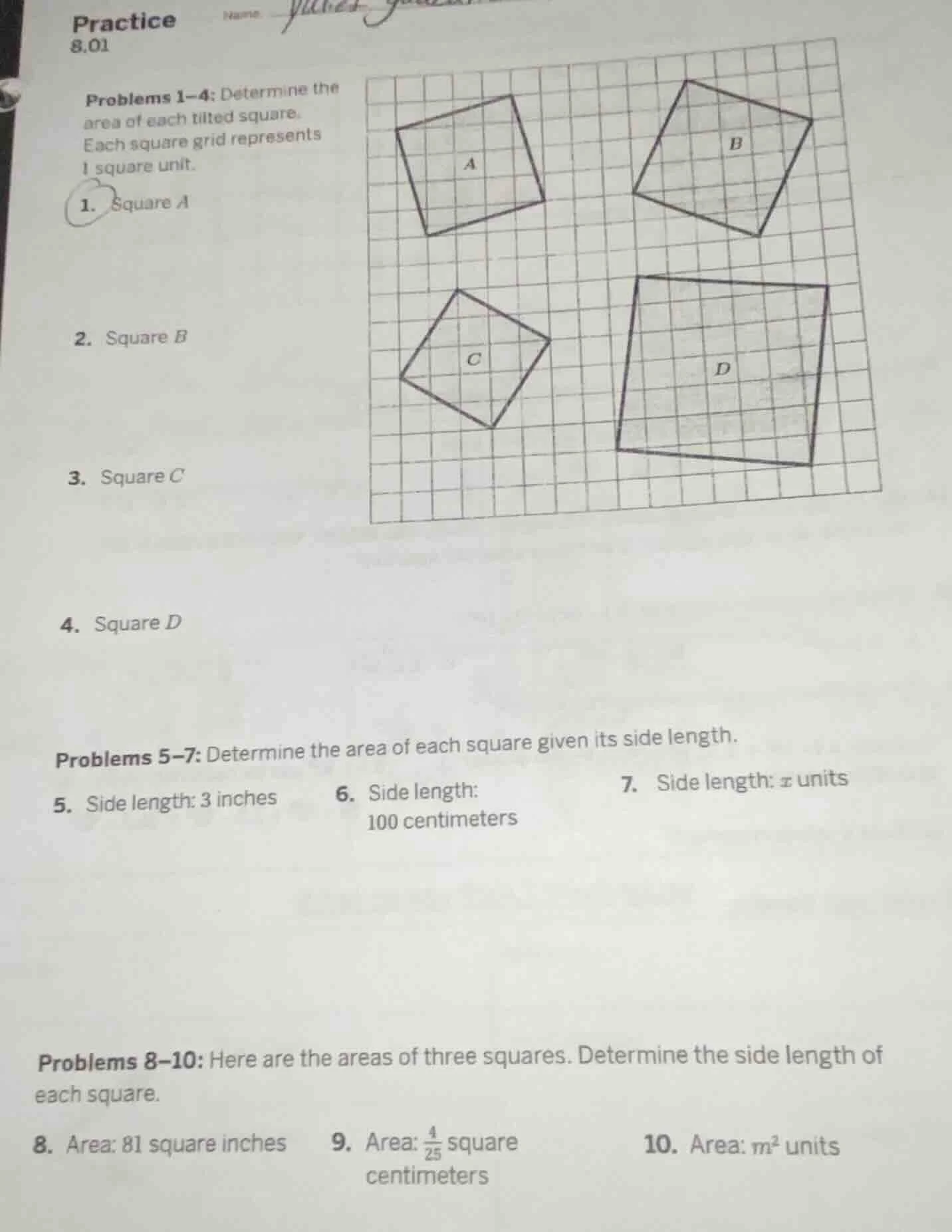 practice 8.01 problems 1–4: determine the area of each tilted square. e…
