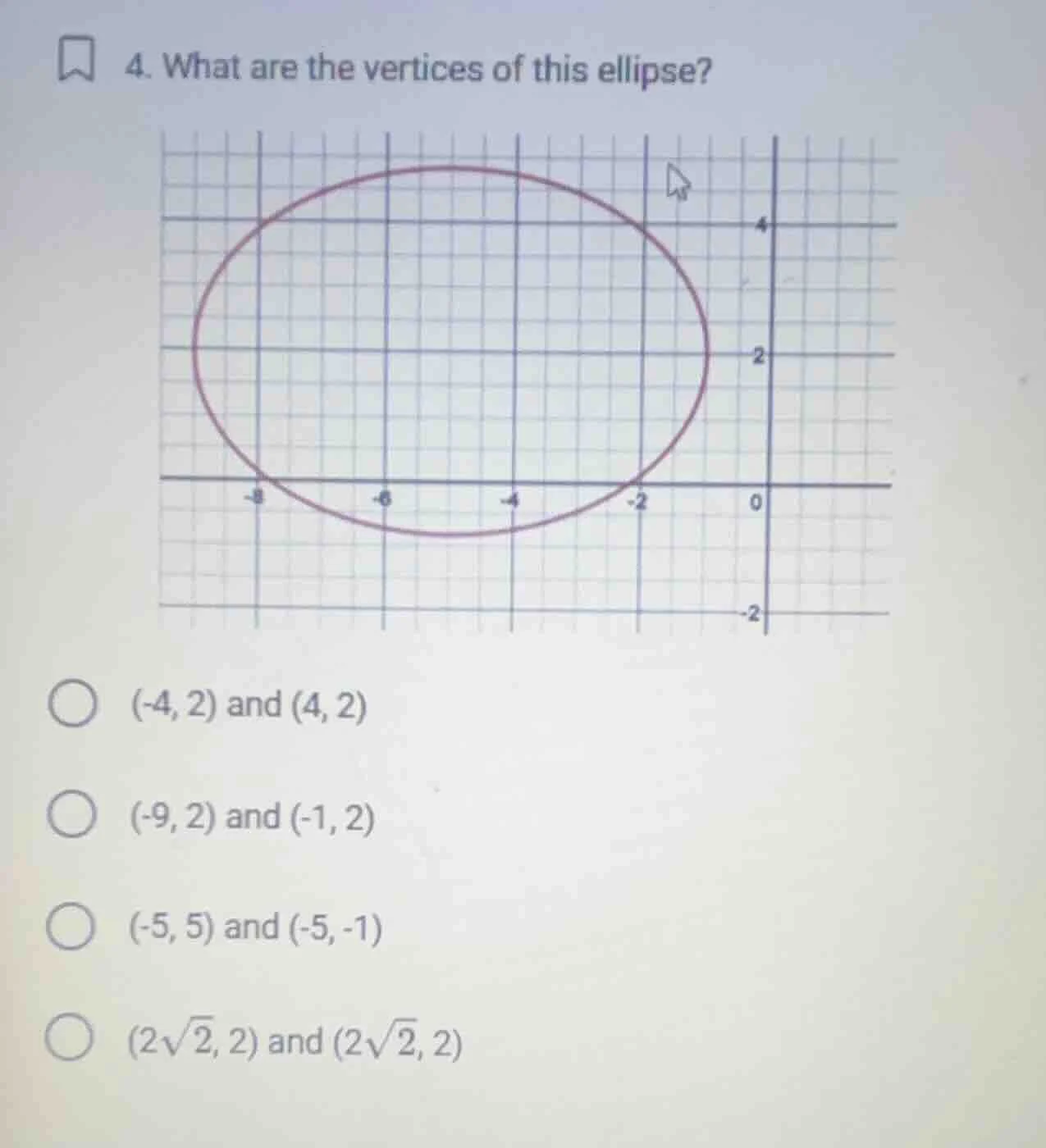 4. what are the vertices of this ellipse? options: (-4, 2) and (4, 2) (…