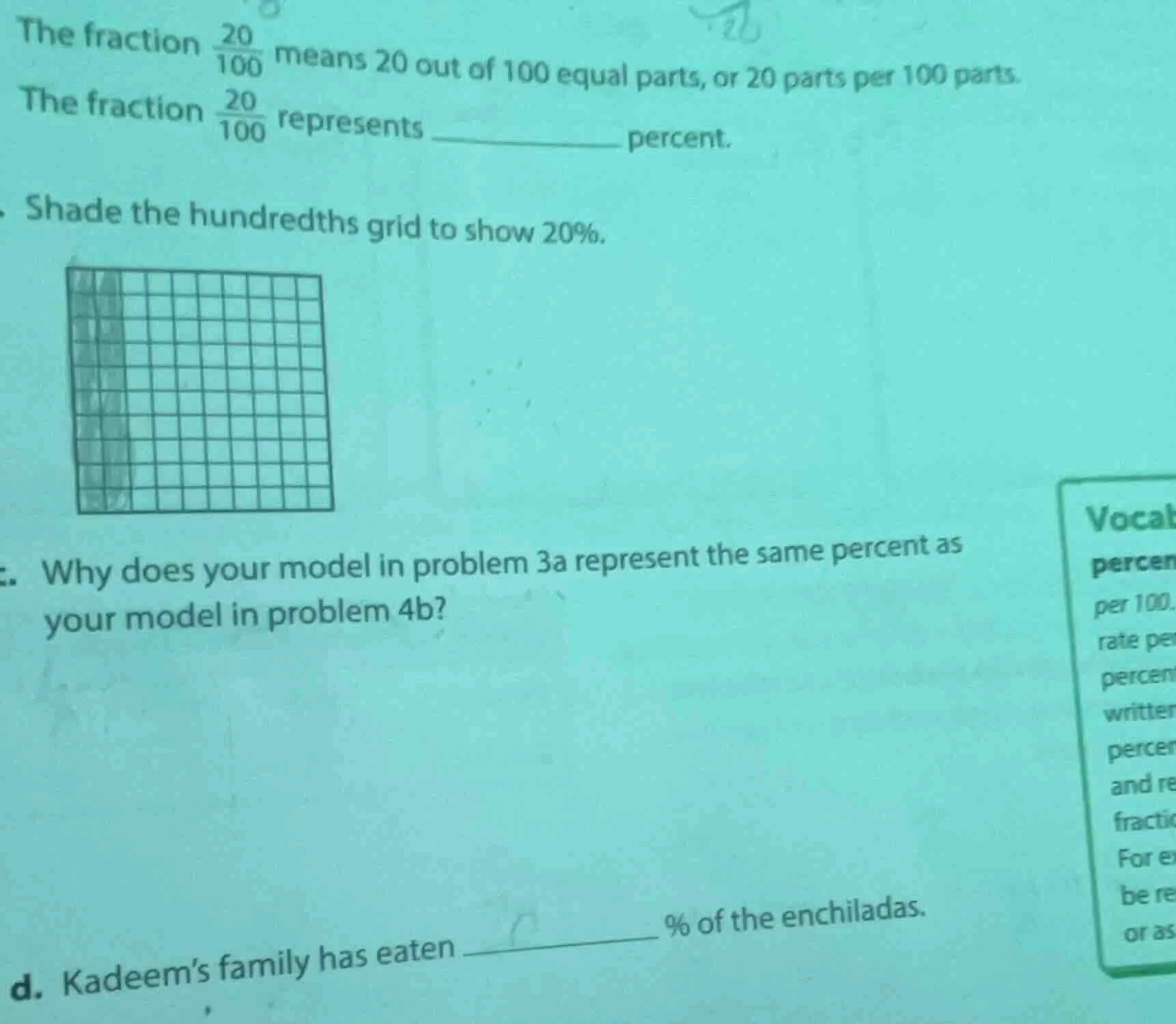 the fraction \\(\\frac{20}{100}\\) means 20 out of 100 equal parts, or …