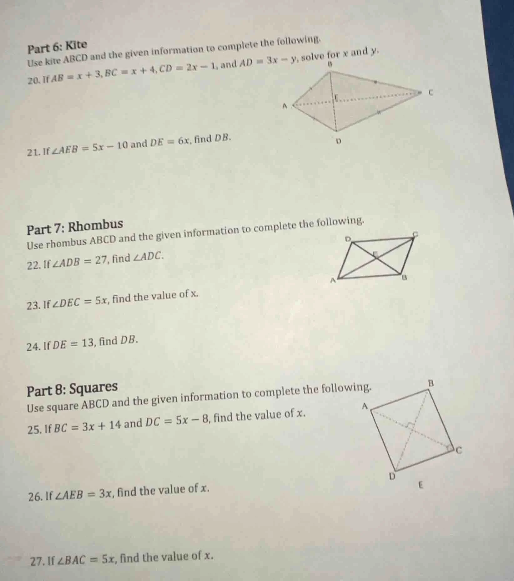 part 6: kite use kite abcd and the given information to complete the fo…