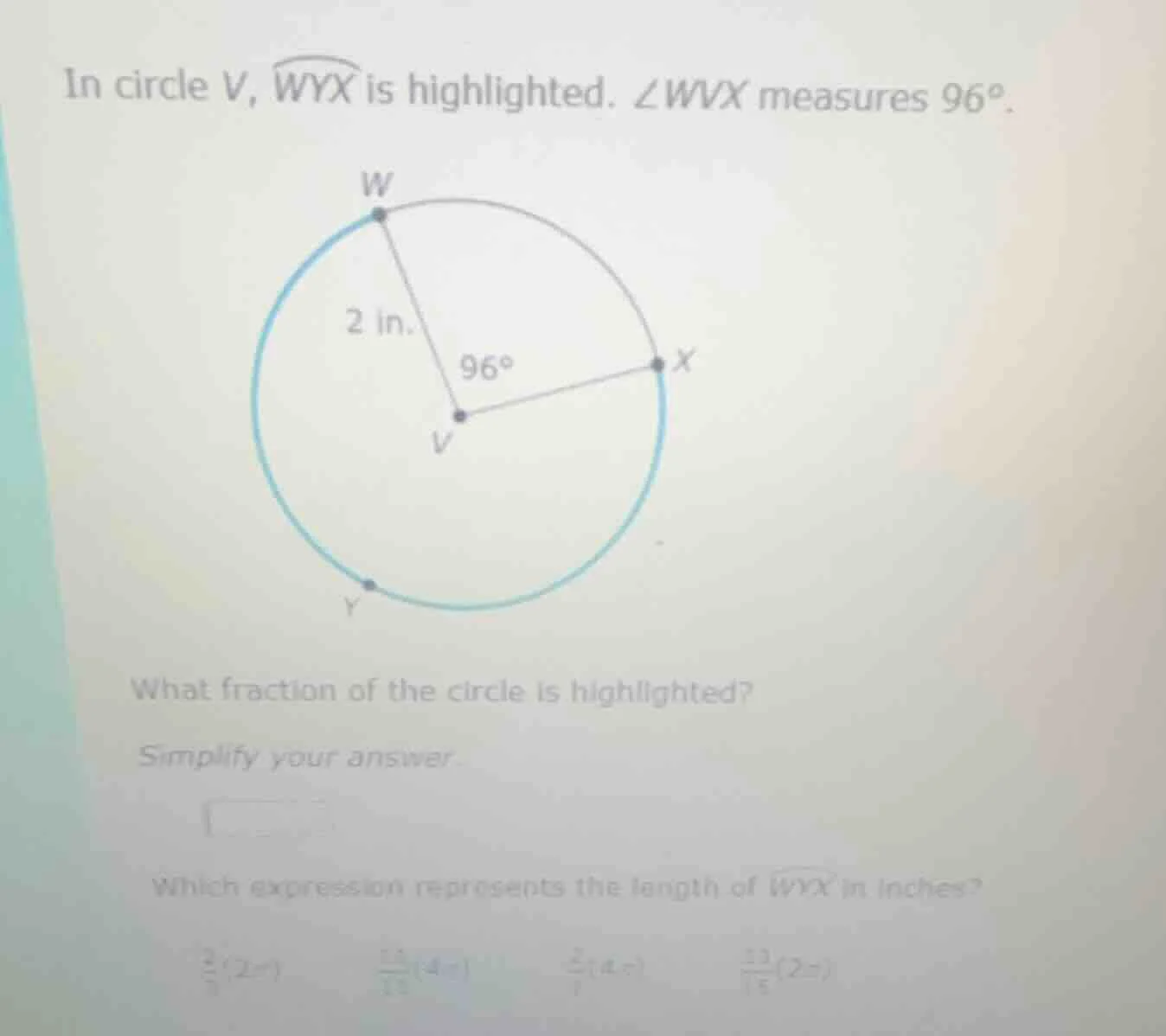 in circle v, \\(\\overarc{wyx}\\) is highlighted. \\(\\angle wvx\\) mea…