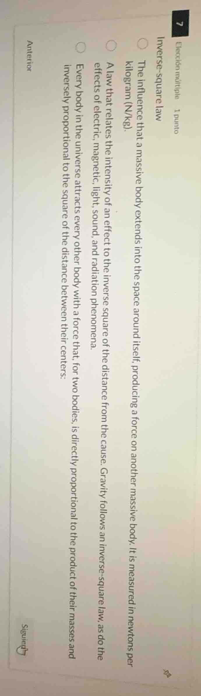 elección múltiple 1 punto inverse - square law the influence that a mas…