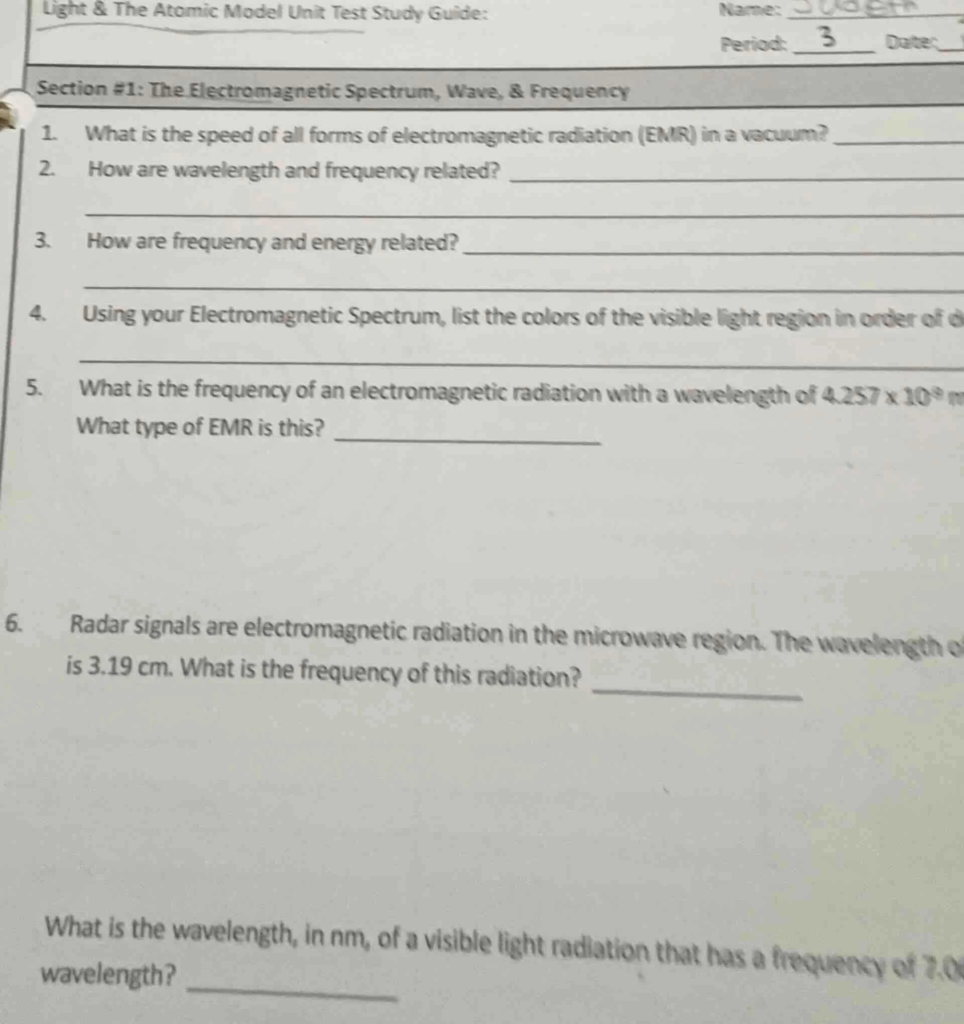light & the atomic model unit test study guide: name: period: 3 date: s…