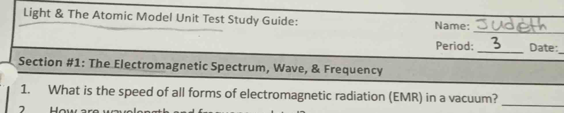 light & the atomic model unit test study guide: name: judeth period: 3 …