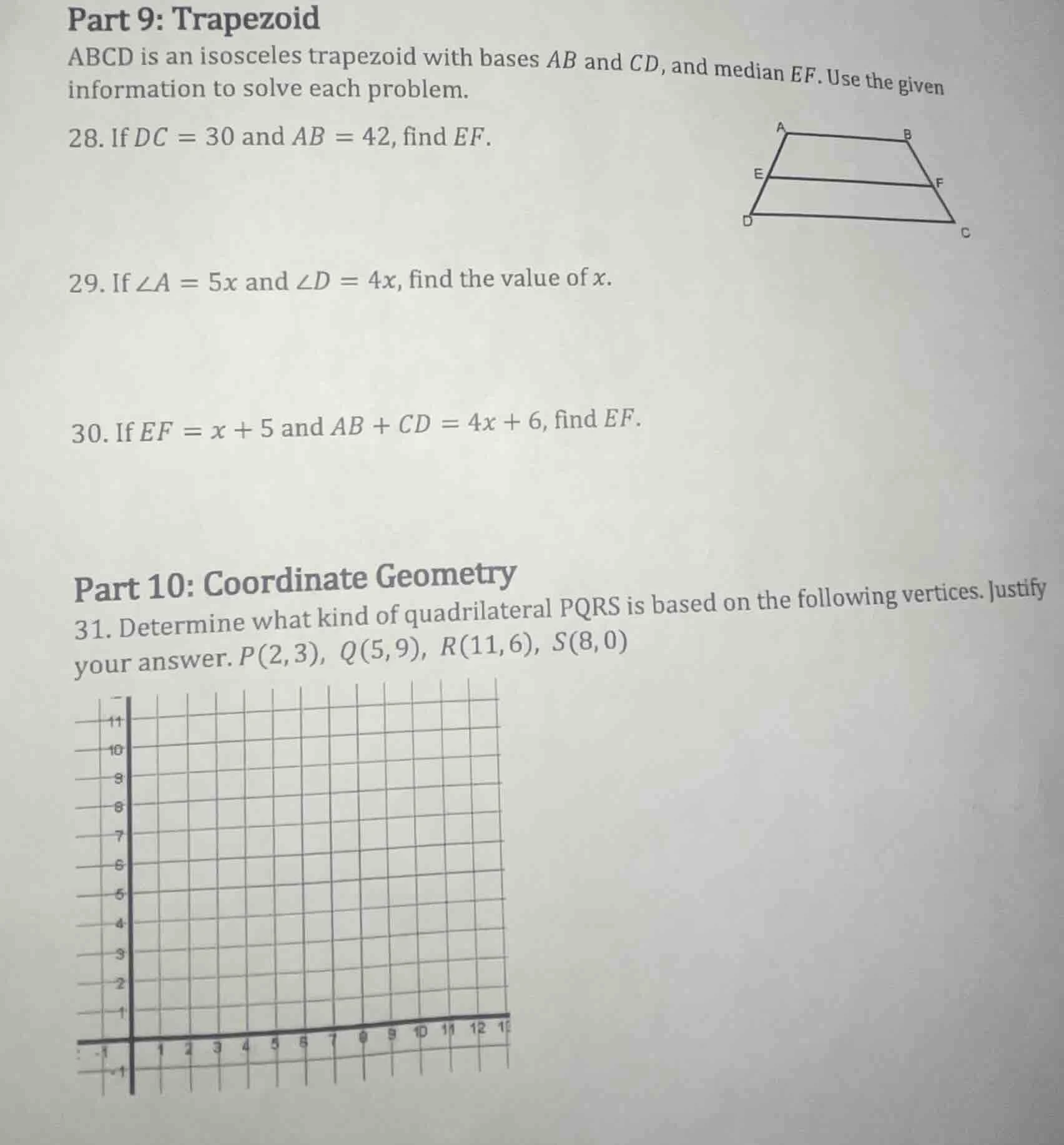 part 9: trapezoid abcd is an isosceles trapezoid with bases ab and cd, …