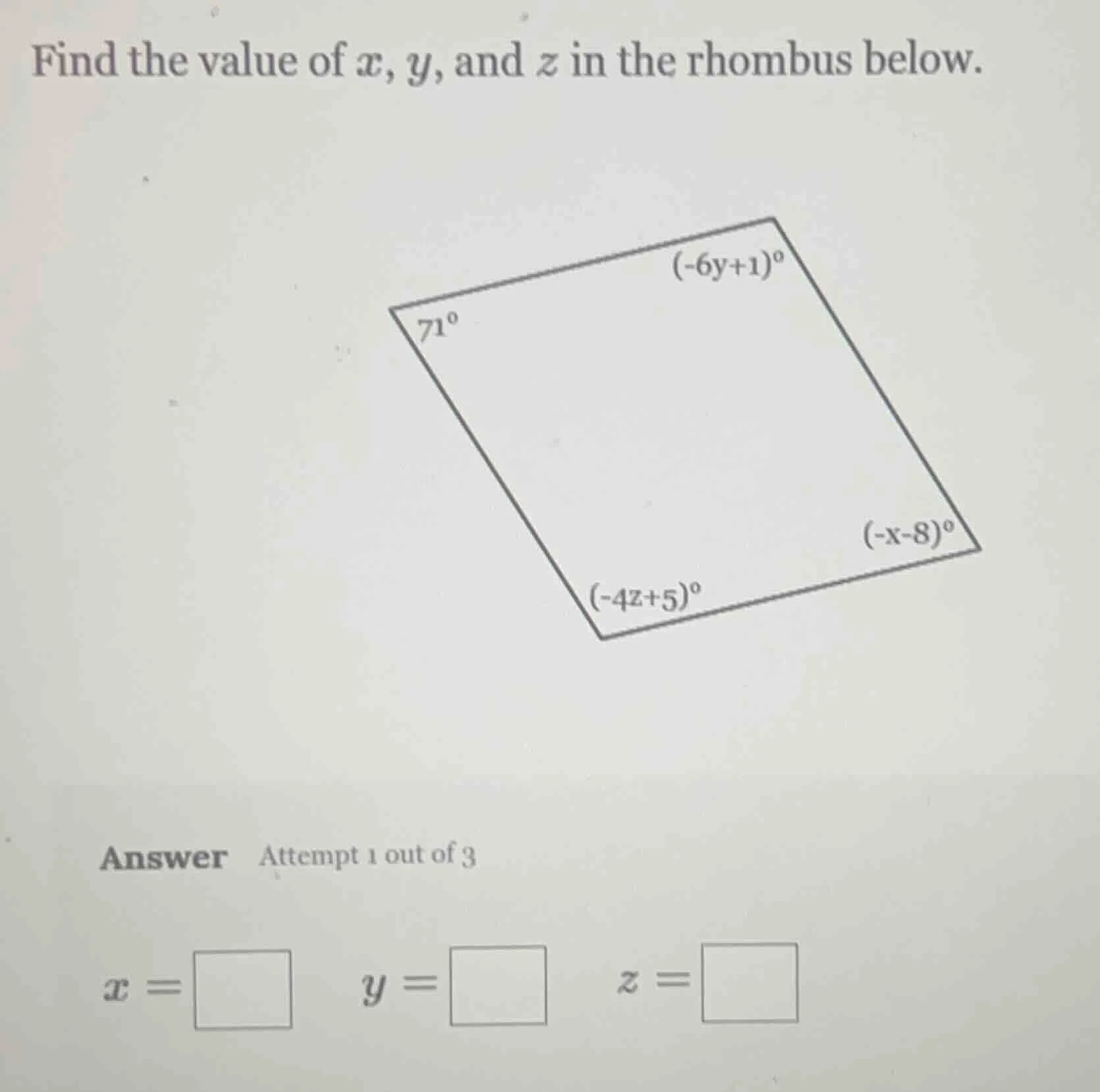find the value of ( x ), ( y ), and ( z ) in the rhombus below. answer …