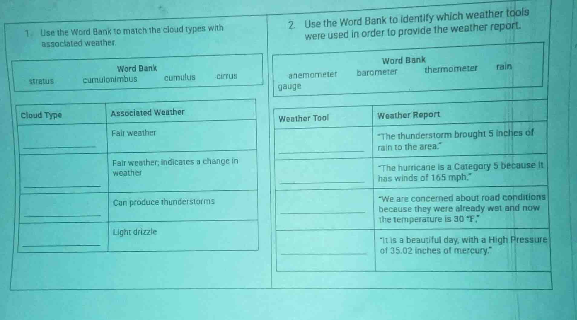 1. use the word bank to match the cloud types with associated weather. …