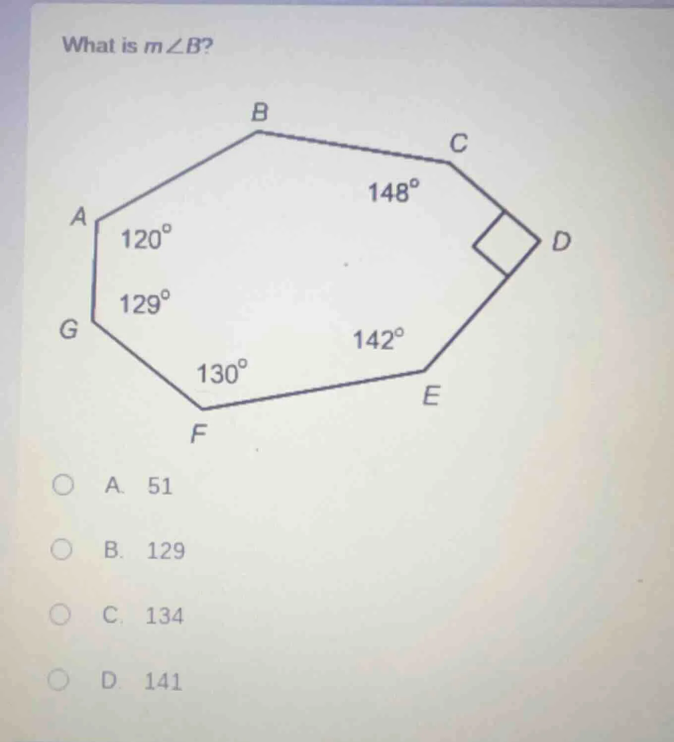 what is ( mangle b )? options: a. 51 b. 129 c. 134 d. 141