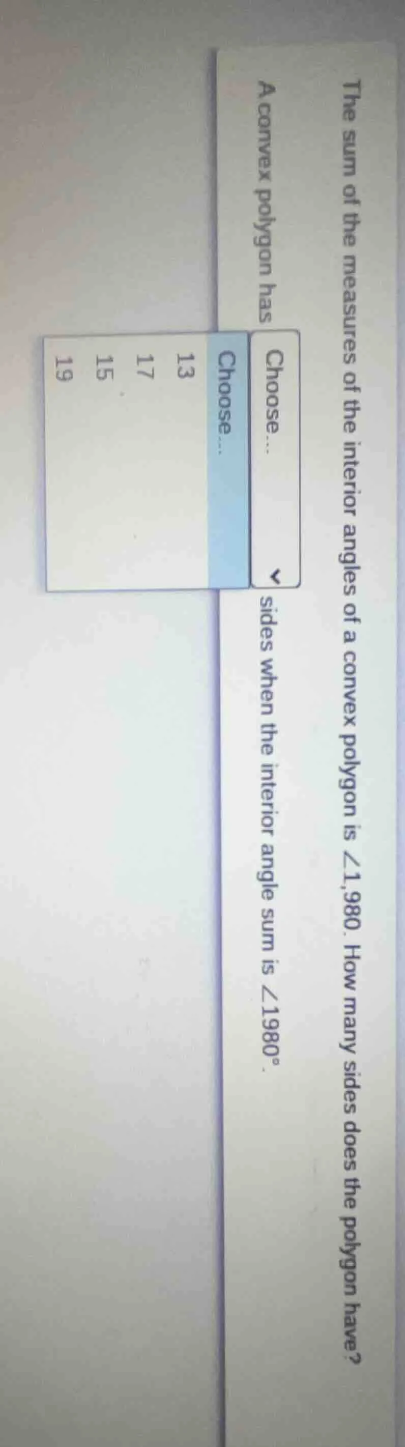 the sum of the measures of the interior angles of a convex polygon is ∠…